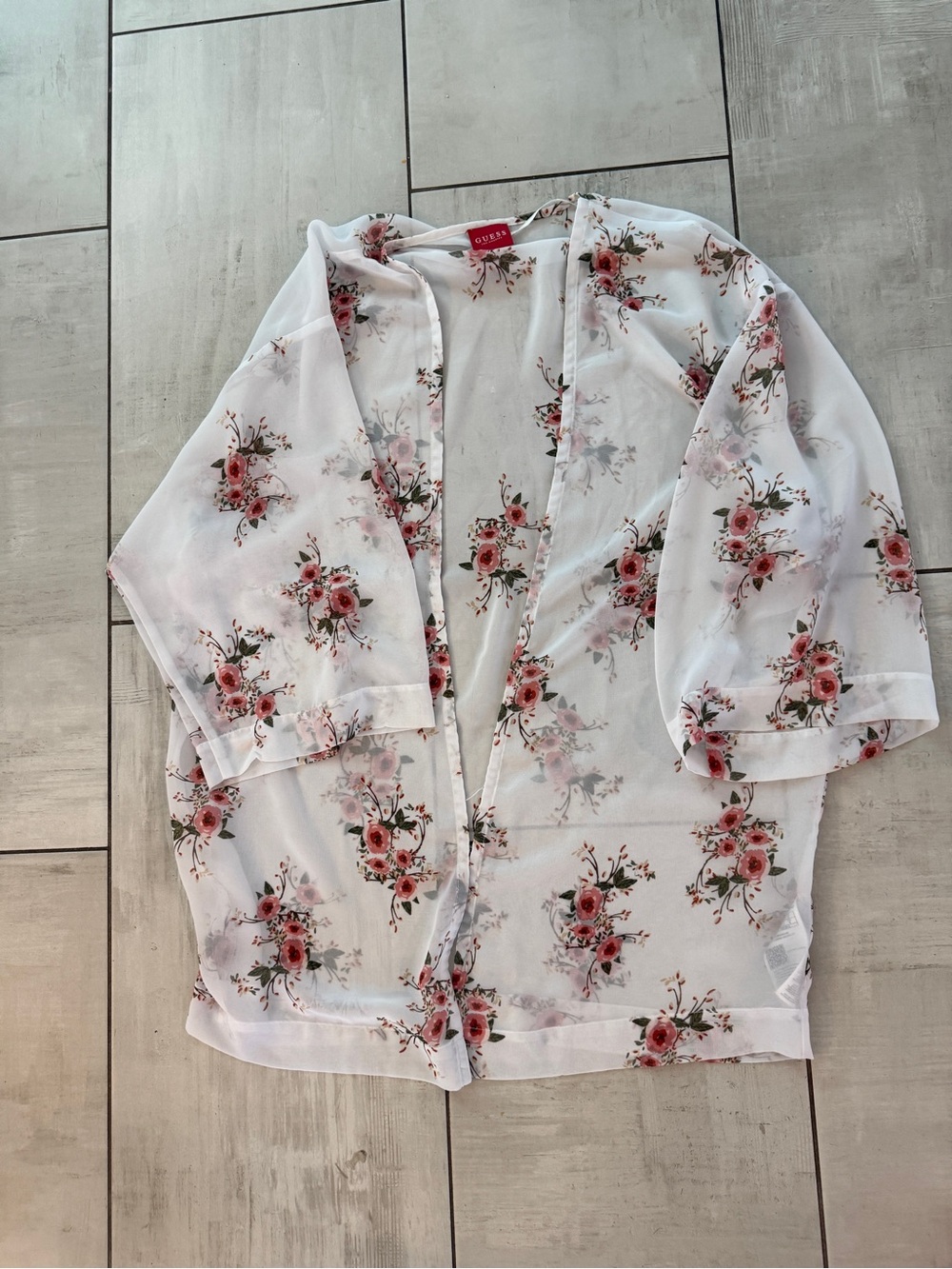 Guess White Sheer Floral Kimono with Pink Rose Print